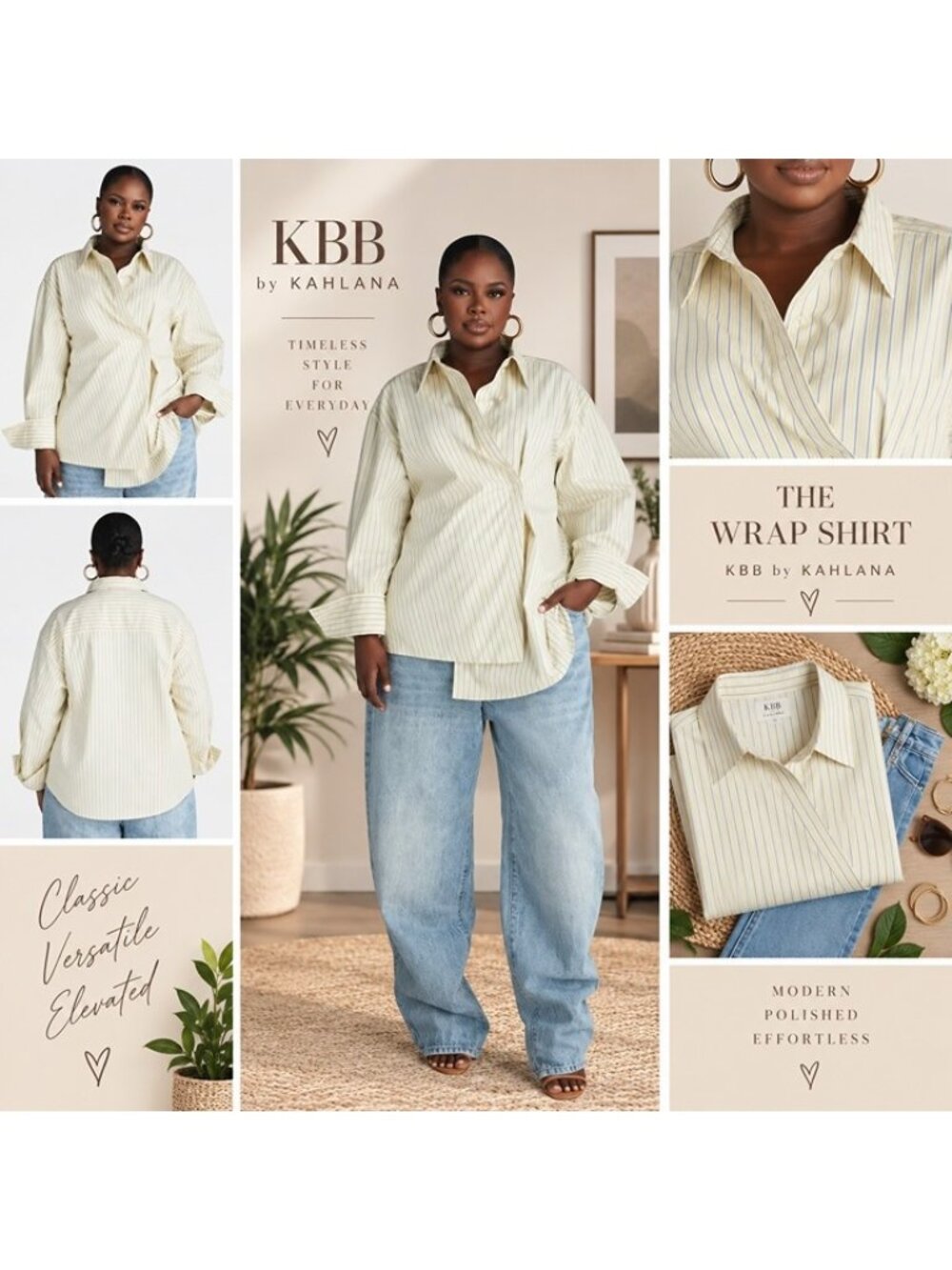KBB by Kahlana Women’s Wrap Shirt Yellow Stripe Button Down Cotton Poplin XXL